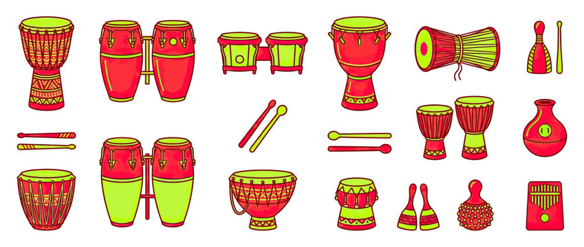 Assortment of Colorful Hand Drums and Percussion Instruments