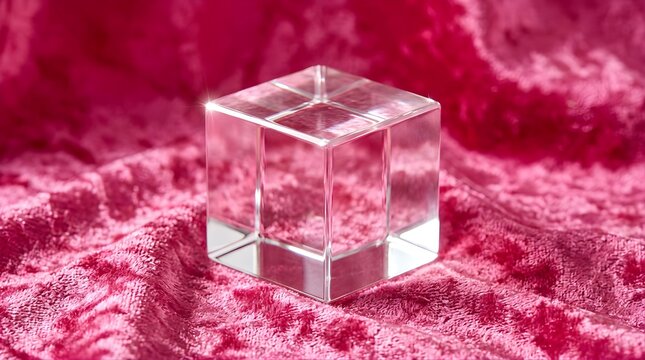 Clear glass cube placed on a luxurious pink velvet fabric background