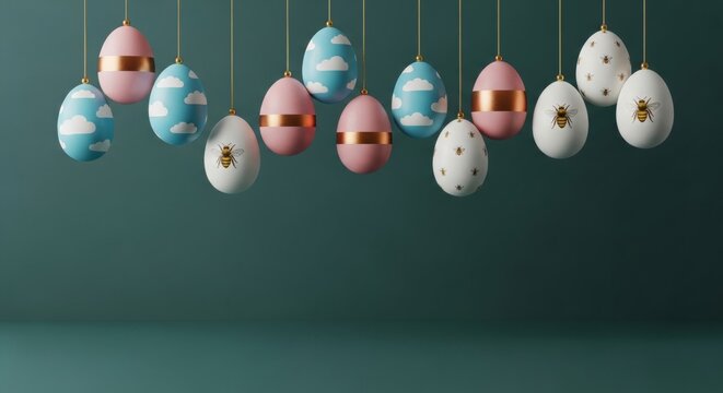 Minimalist festive arrangement of hanging eggs with bee and cloud patterns on a dark teal wall