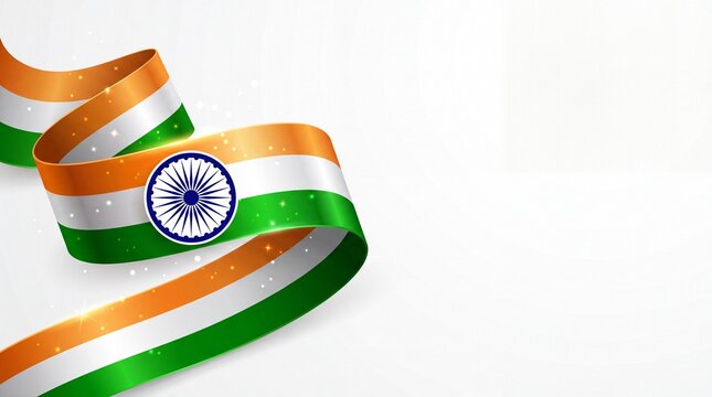 India Independence Day 16:9 web banner template with copy space, corporate landscape background featuring saffron and green 3D tricolor spiral flag ribbon with navy blue Ashoka Chakra