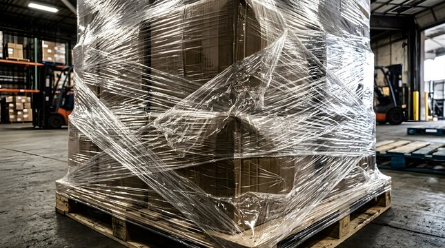 Cardboard boxes wrapped in stretch film on a wooden pallet in warehouse