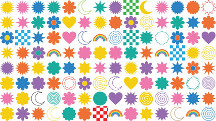 Obraz premium Colorful retro y2k abstract graphic shape element set with groovy flowers stars hearts and rainbows for trendy vector illustration