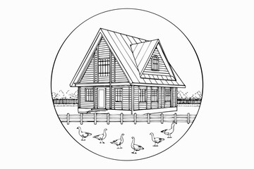 farm cabin and geese line drawing oval frame rural scene black white architecture © Shuvra Majumder