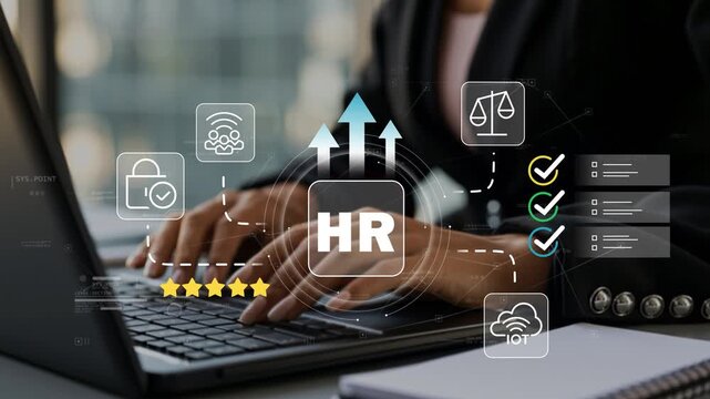 Businesswoman driving workforce growth with animated HR icon, diversity and inclusion strategy, talent development, employee engagement and modern human resources management