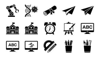 Fototapeta premium Icons Representing Education, Technology, and Science with Symbols Like Robots, Dna, Telescopes, Paper Planes, Schools, Clocks, Ea