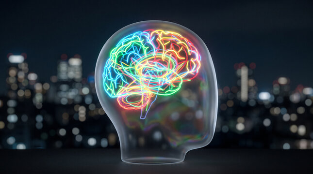 Glowing colorful human brain inside a glass head silhouette against a blurred city night background