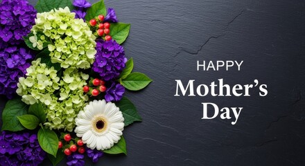 Fototapeta premium Happy Mothers Day greeting on dark slate with purple flowers and white gerbera