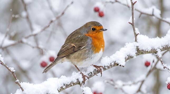 European robin perched on a snow-covered branch. Small bird sitting in winter scenery.