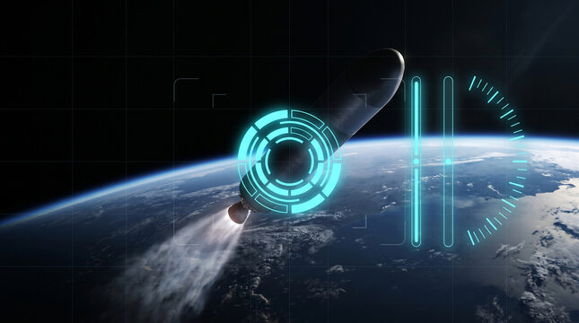 Spacecraft launching above Earth orbit with glowing digital interface overlay in a futuristic style