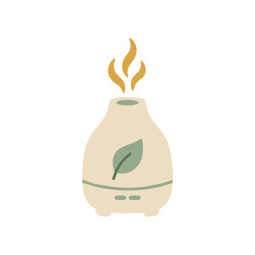 Aromatherapy diffuser with leaf icon and flame vapor, minimalist style, wellness concept