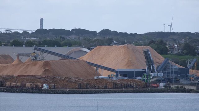 Woodchip mountains and log stockpiles at the Port of Portland's export processing facility, with conveyor systems and wind turbines in the background, Victoria, Australia