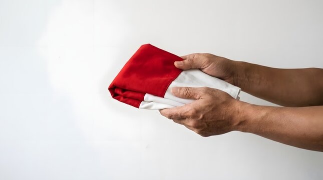 Hands holding folded Indonesian red and white national flag.
