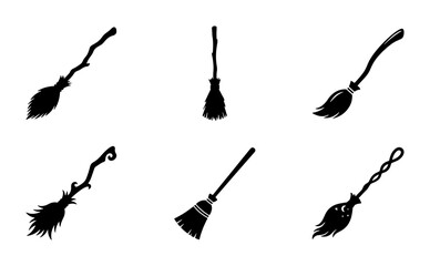 Witch Broom Collection, Halloween Icons, Magical Flying Tools, Spooky Season Vector Set © Indrani