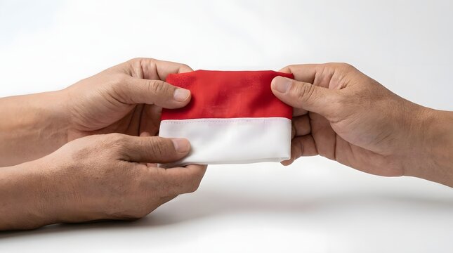 Hands holding folded red and white Indonesian national flag.