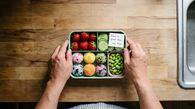 Hands holding healthy colorful bento lunch box on wood.