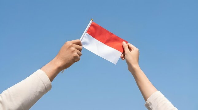 Hands holding Indonesian flag against blue sky.