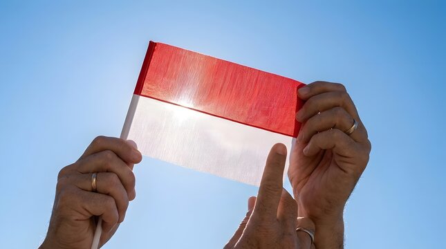 Hands holding Indonesian flag against clear blue sky.