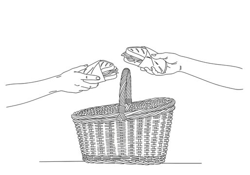 Picnic basket sits between two hands holding wrapped sandwiches in this minimalist line drawing.