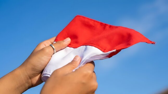 Hands holding Indonesian flag against clear blue sky.