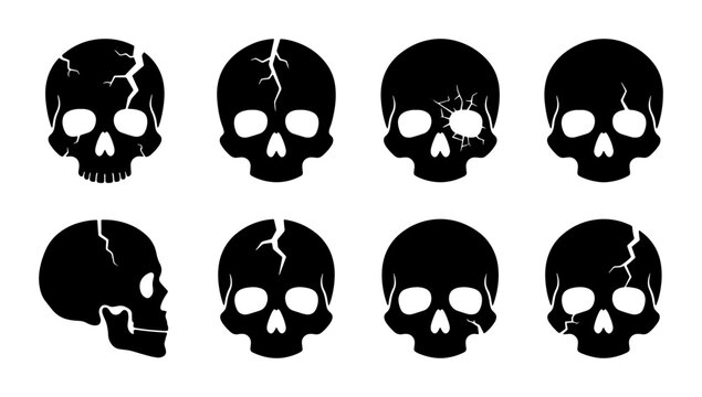Cracked Black Skull Icons, Vector Set: Human Head Silhouette, Gothic Art, Danger Symbol