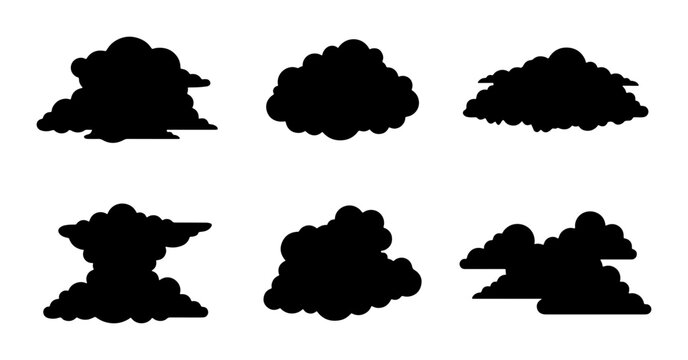 Six Black Cloud Silhouettes, Cumulonimbus Shapes, Weather Icons, Stormy Sky Elements