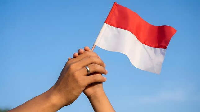 Hands holding Indonesian flag against clear blue sky.