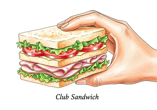 Club sandwich is held by a human hand to showcase the layers of fresh bread, crisp lettuce, juicy tomato slices, and deli meat in a detailed illustration.