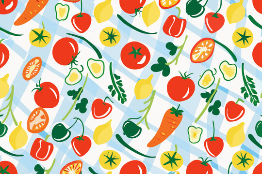 fresh produce on checkered pattern vector vegetables fruits tomato carrot lemon pepper illustration