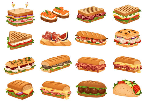 Artisan sandwiches and toasted paninis are showcased in this vibrant collection of lunch foods.