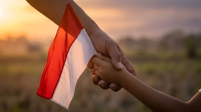 Hands holding Indonesian flag together at sunset field.