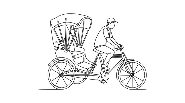 Man riding a cycle rickshaw, continuous line drawing, transportation, Asia