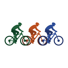 Fototapeta premium Three Colorful Silhouettes of Cyclists Riding Bikes in a Row Together