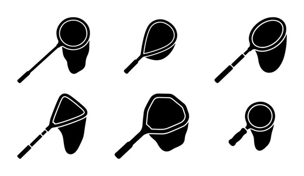 Collection of Six Butterfly Nets, Insect Catching Tools, Scientific Equipment, Outdoor Hobby Gear, Vector Icons