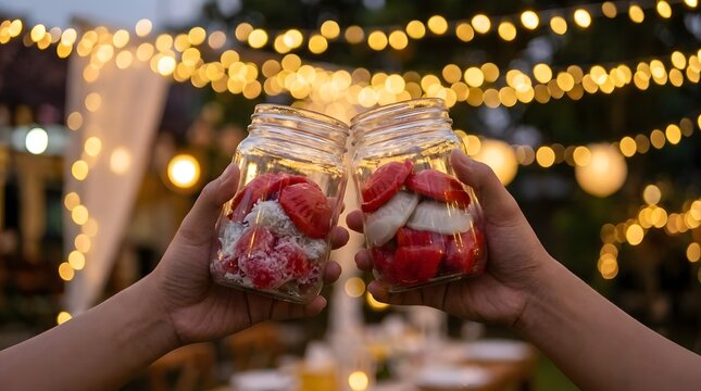 Hands holding jars of red and white snacks toast