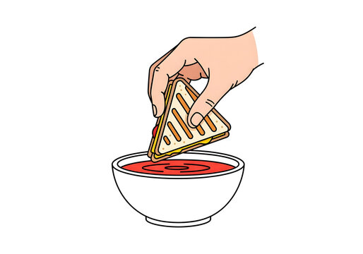 Dipping Grilled Cheese into Tomato Soup: A hand carefully dips a triangular grilled cheese sandwich into a bowl of rich tomato soup, a classic comfort food pairing.