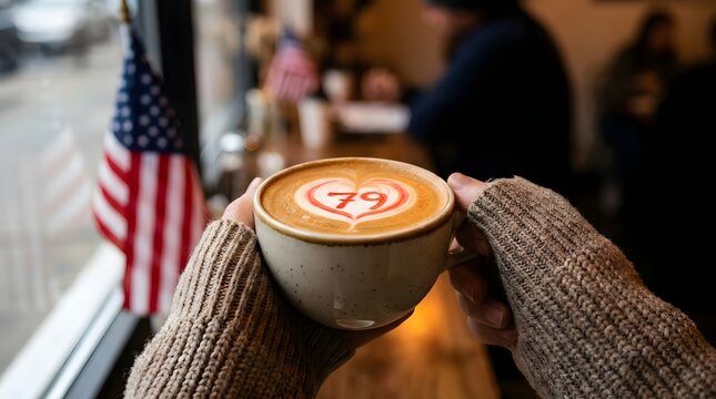 Hands holding latte art near American flag in cafe.