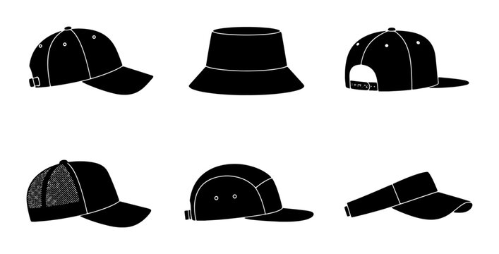 Six Black Headwear Silhouettes: Caps, Bucket Hat, Visor, Trucker Hat, Flat Cap