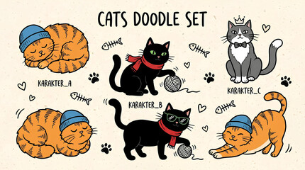 Fototapeta premium Cute hand-drawn cat doodles with various playful poses.