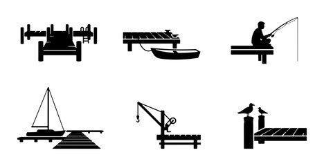 Obraz premium Dock and Pier Icons: Fishing, Sailing, Crane, Boat, Seagulls, Vector Set