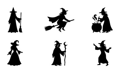 Obraz premium Witch Silhouettes Vector Set: Flying, Potion Making, Magical Poses, Halloween Icons