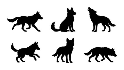 Obraz premium Wolf Silhouettes Set, Wild Animal Vector Icons, Canine Graphics, Nature Wildlife Collection