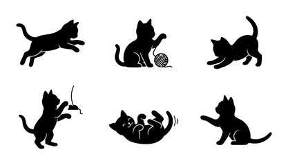 Fototapeta premium Black Cat Silhouettes, Playful Kittens Set, Vector Icons for Pet Lovers, Cute Animal Graphics
