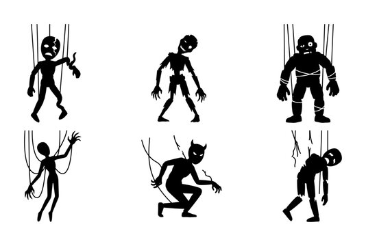 Silhouette Puppets, Marionette Figures, Control Strings, Dark Characters, Vector Set