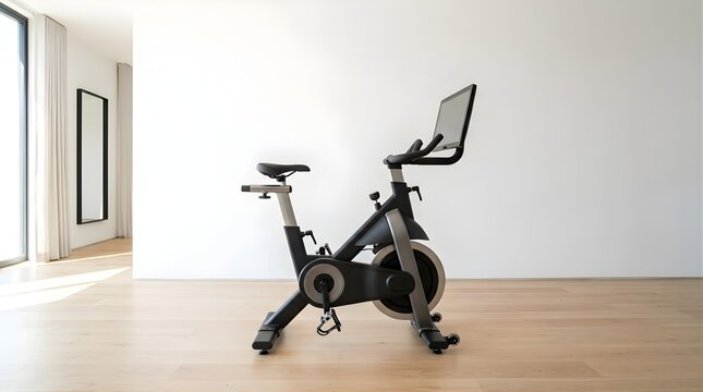 Stationary exercise bike with digital screen in modern home gym interior