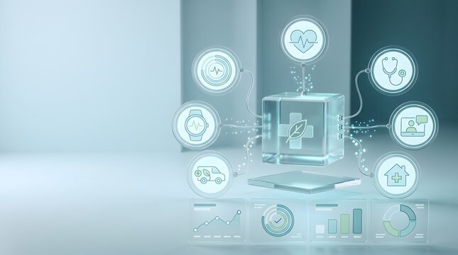 Sustainable healthcare ecosystem visualized through a glowing digital cube connecting eco friendly medical services and patient data
