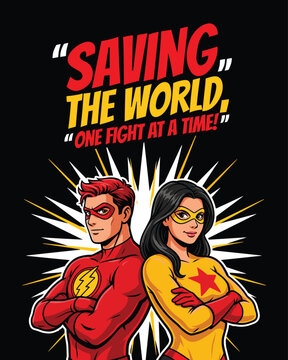 Two superheroes standing back to back with lightning bolt and star emblems saving the world one fight at a time &ndash; flat vector illustration
