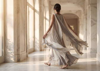 Fototapeta premium Elegant Woman in a Flowing Chiffon Dress Walking in a Marble Hallway