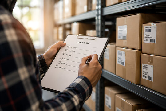 Warehouse worker with checklist inspecting inventory on shelves with boxes during daytime logistics operations