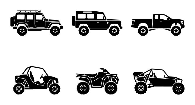 Off-Road Vehicle Icons: SUV, Truck, ATV, Dune Buggy Vector Set