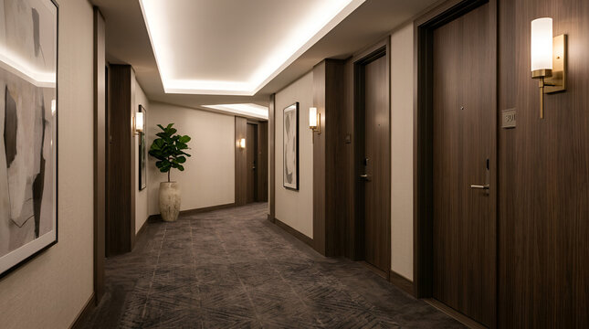 Luxurious hotel corridor with modern interior design, warm lighting, and elegant wooden doors